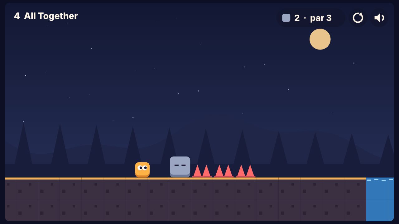Gameplay: an orange blob runs toward red spikes past a gray block left behind by an earlier fall.